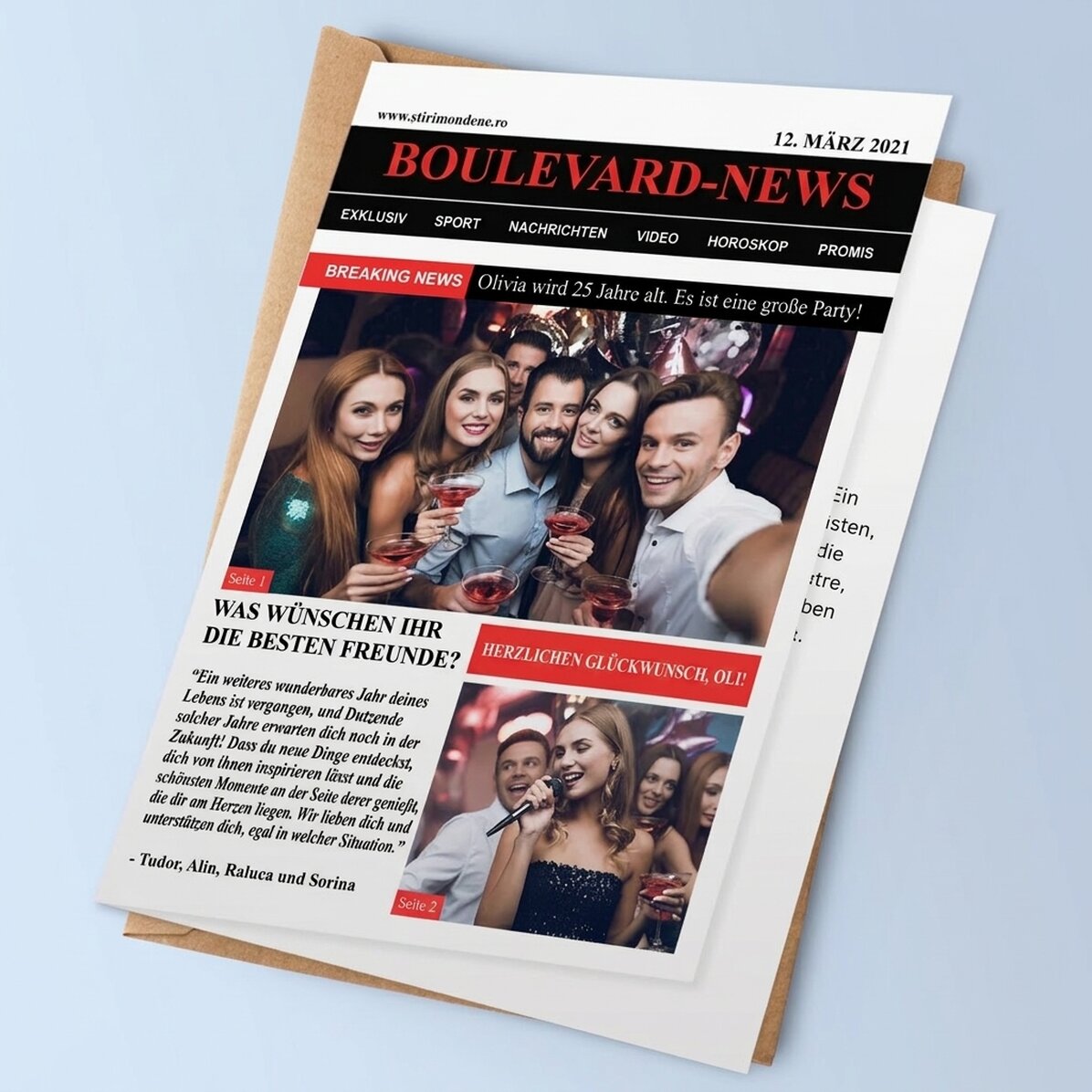 Personalisierte Grußkarte mit Fotos und Text – Breaking News