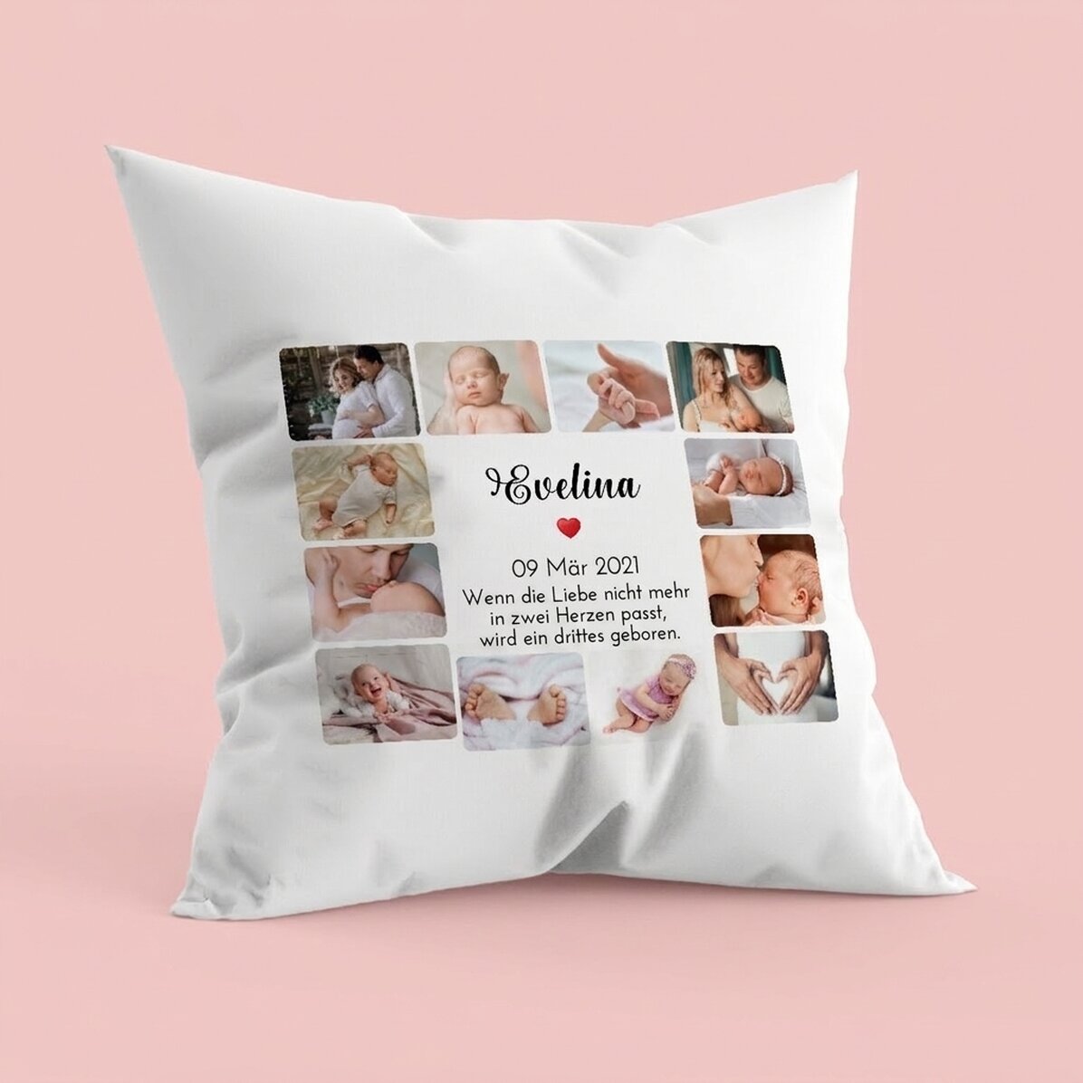 Personalisiertes Kissen mit 12 Fotos und Text – Baby