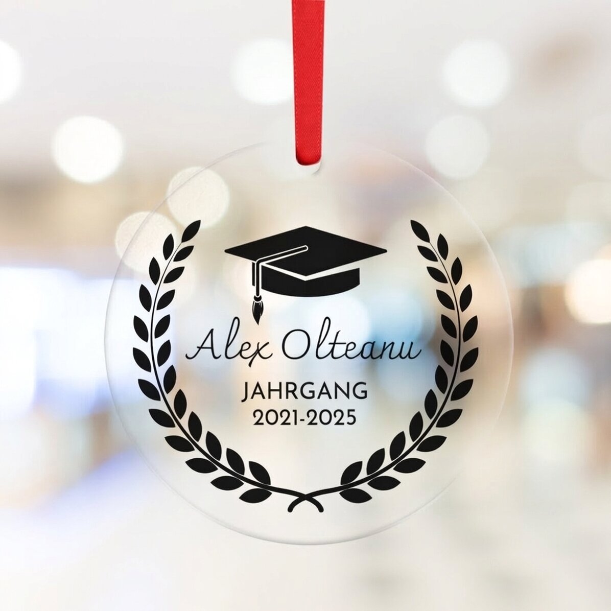 Individuell gestaltetes rundes Ornament mit Text – Abschluss
