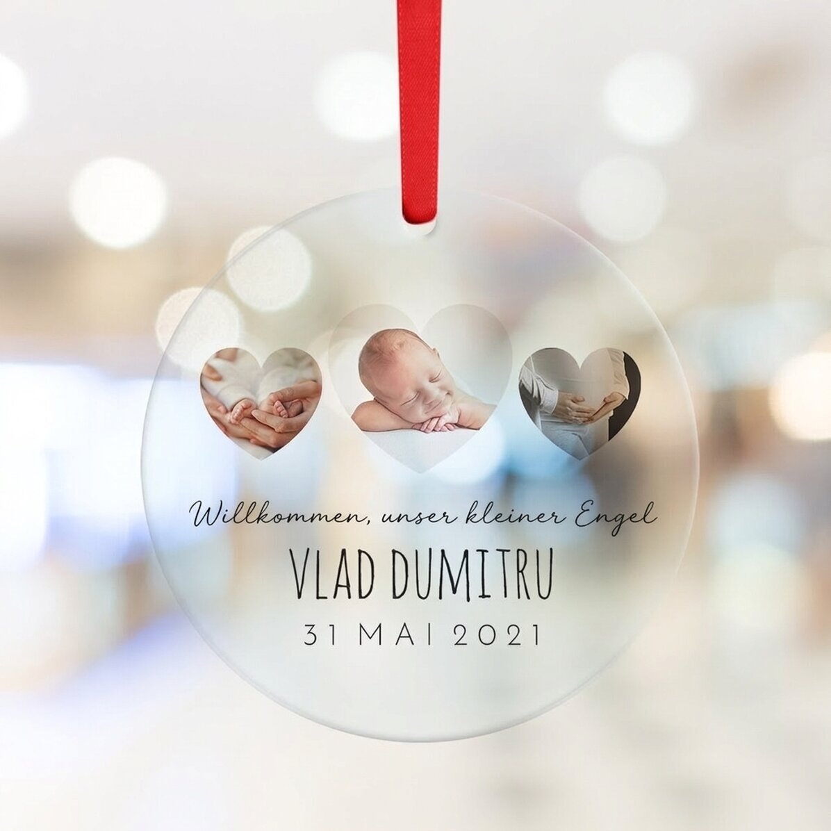 Individuell gestaltete runde Dekoration mit Text und Foto – Newborn
