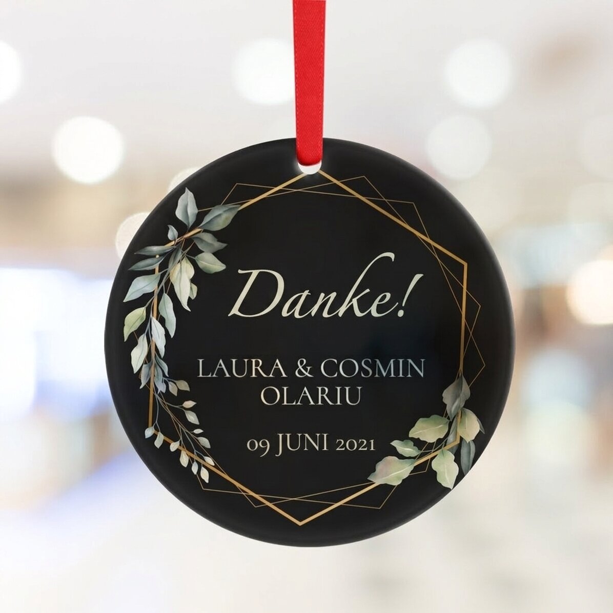 Individuell gestaltetes rundes Ornament mit Schriftzug – „Thank you“ (schwarz)