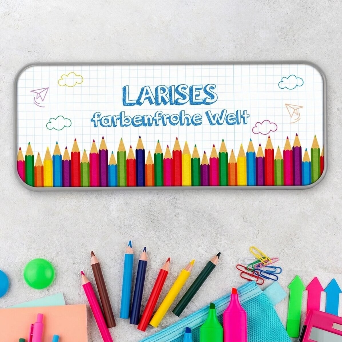 Personalisiertes Federmäppchen mit Text – Eine bunte Welt