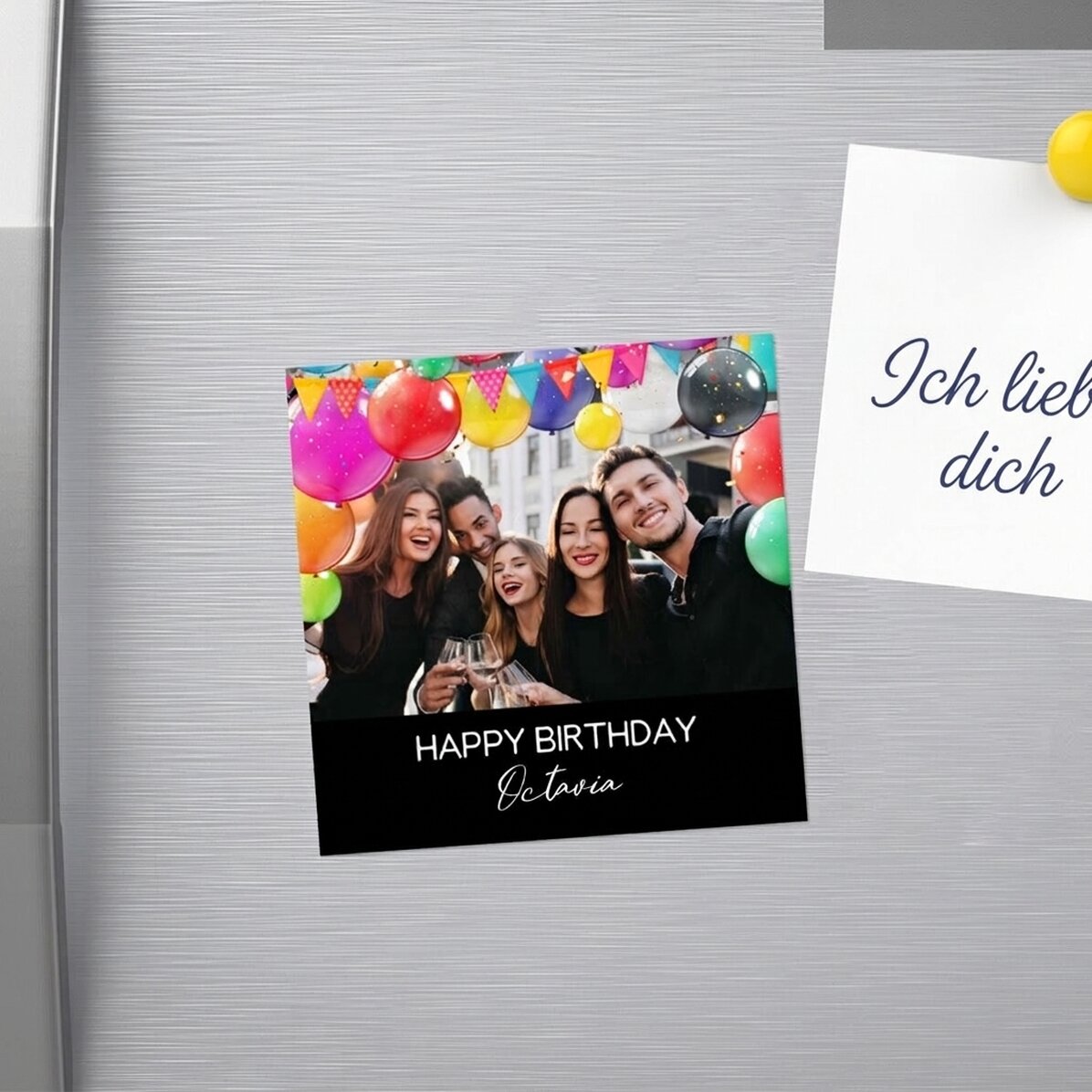 Individuell gestalteter Magnet (10 x 10) mit Foto und Text – Happy Birthday