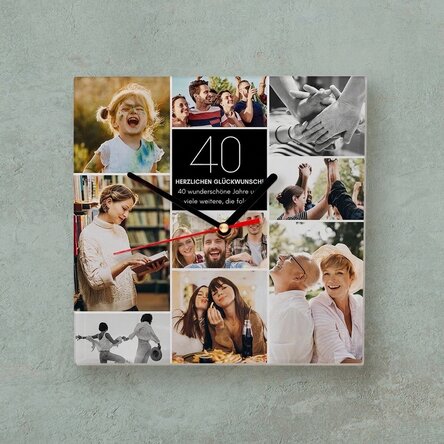 Personalisierte quadratische Uhr mit Text und 9 Fotos – Geburtstag