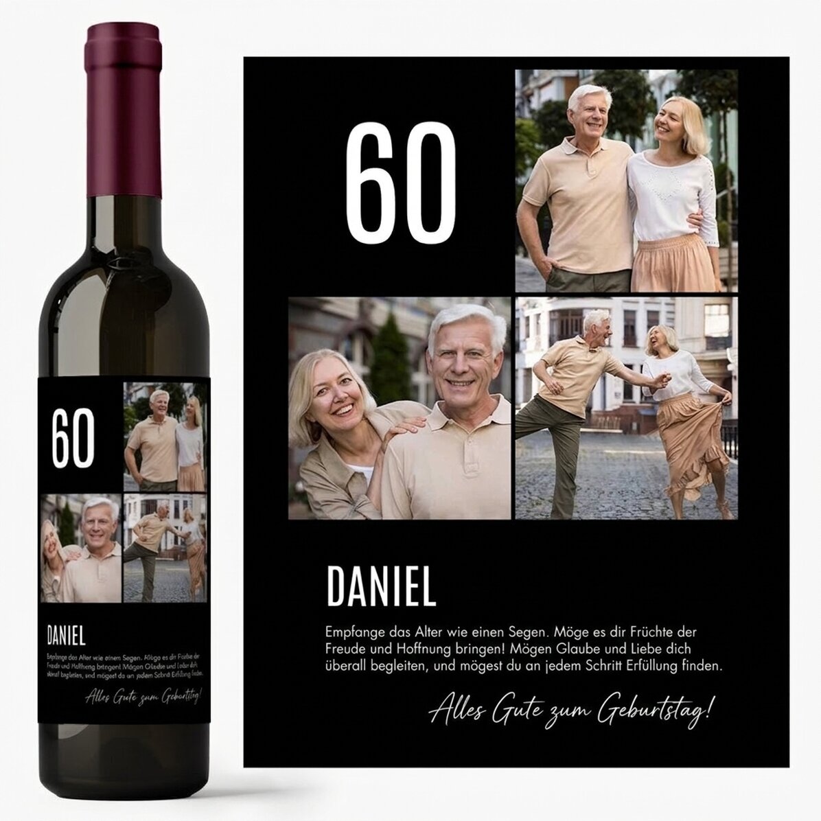 Personalisierter Wein mit Text und 3 Fotos zum Geburtstag – 60