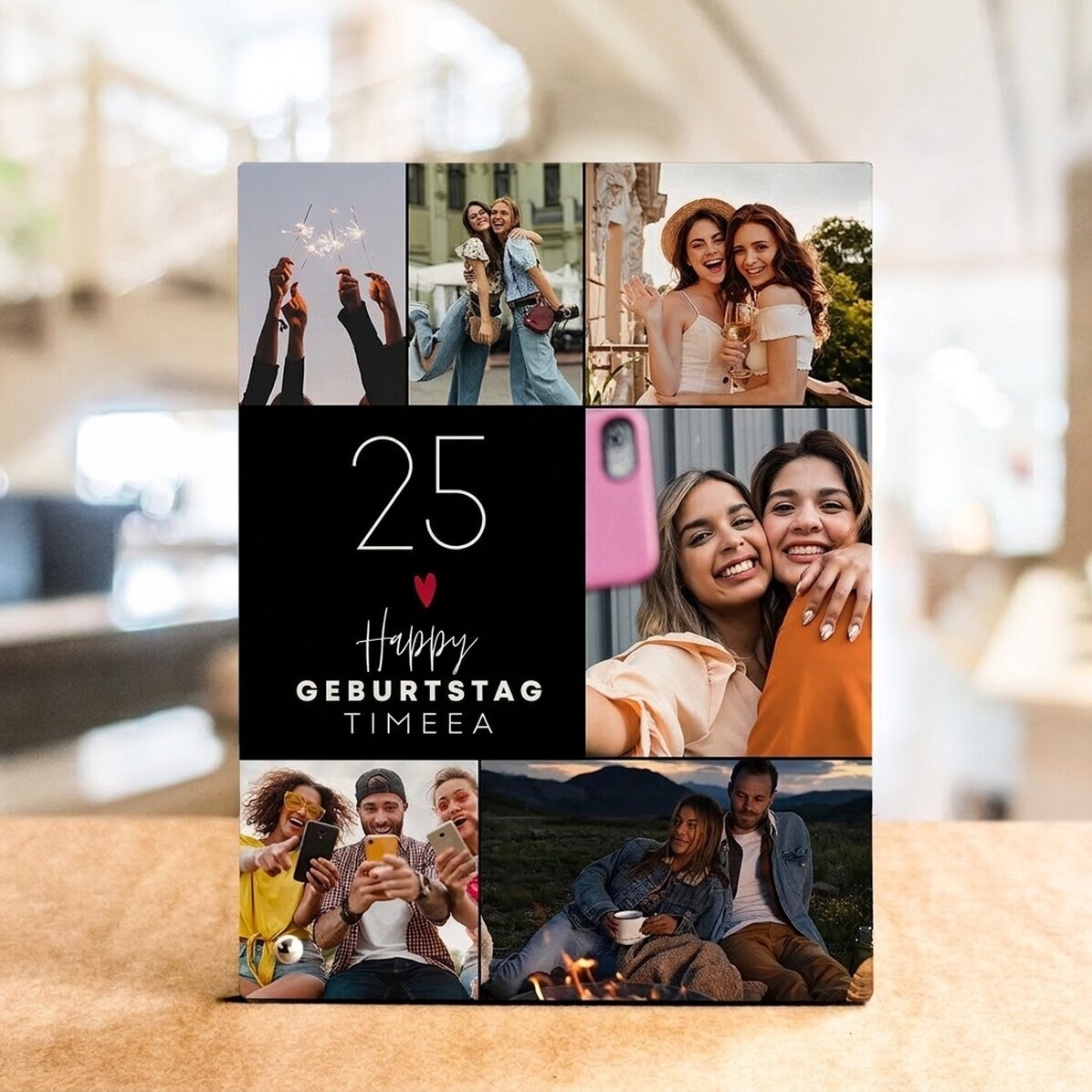 Personalisierter Fotorahmen für den Schreibtisch mit 6 Fotos und Text – Happiness