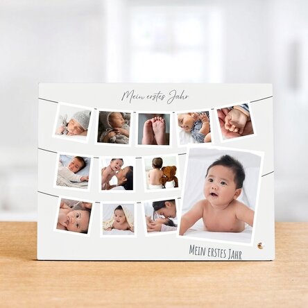 Personalisierter Fotorahmen für den Schreibtisch mit 12 Fotos und Text – Mein erstes Jahr