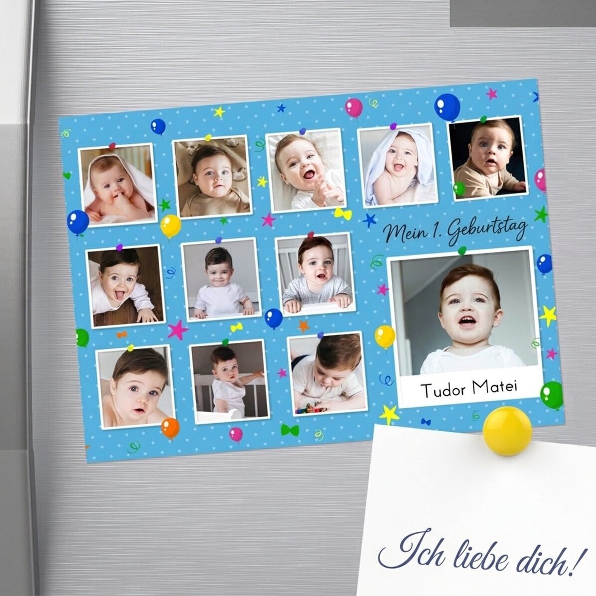 Individuell gestalteter Magnet (18 x 13 cm) mit Fotos und Text – Mein erster Geburtstag