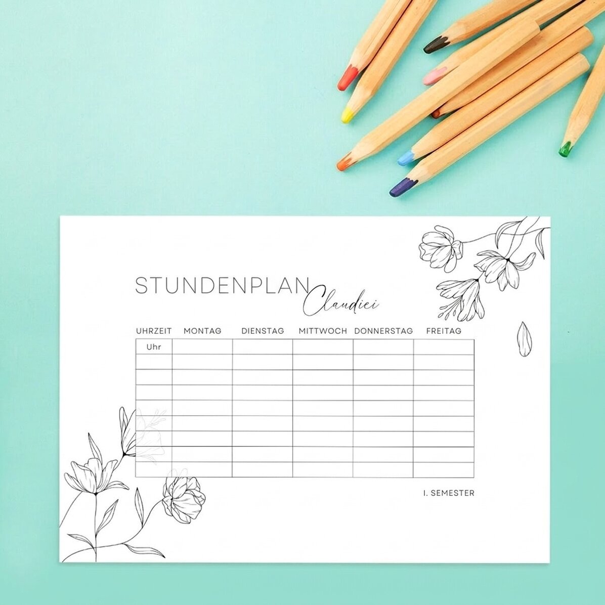 Individuell gestalteter Stundenplan mit Namen – Flowers