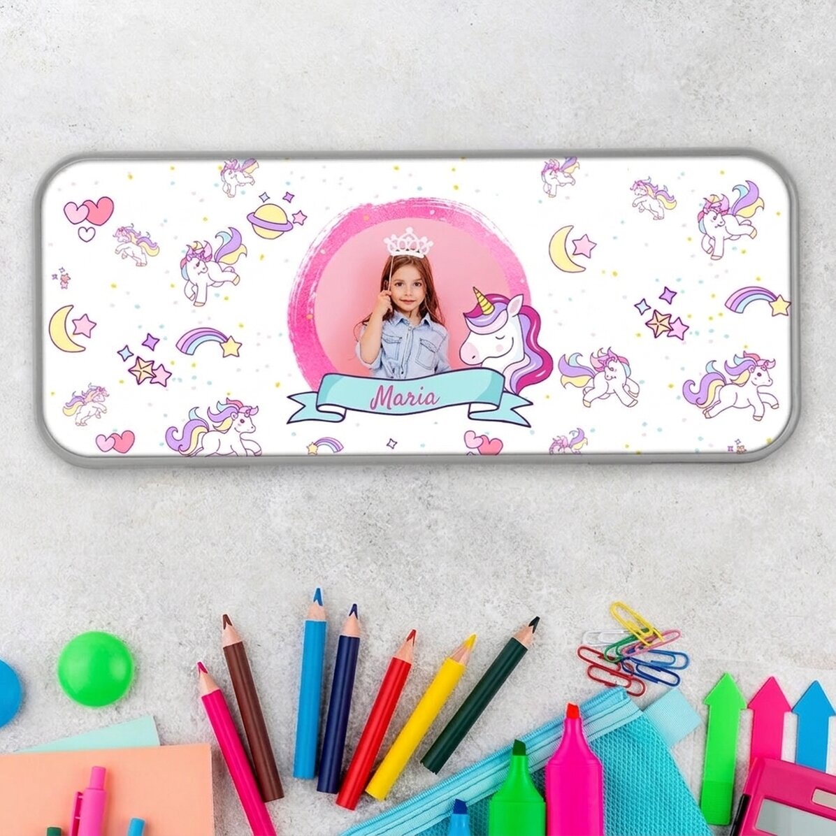 Personalisiertes Federmäppchen mit Foto und Text – Einhorn