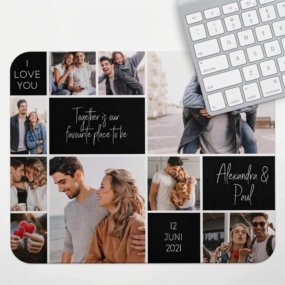 Individuell gestaltetes XL-Mauspad mit 9 Fotos und Text – Memories
