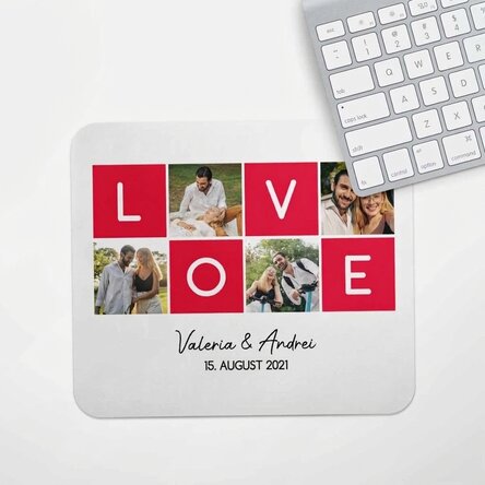 Individuell gestaltetes Mauspad mit 4 Fotos und Text – LOVE