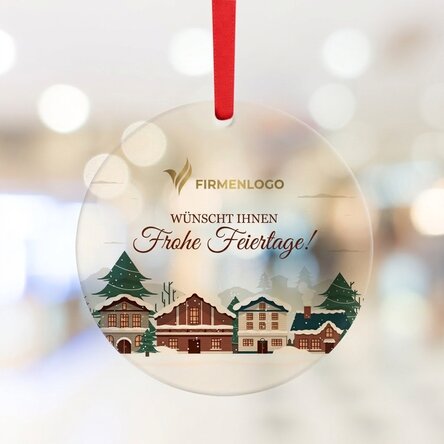 Individuell gestaltete runde Weihnachtskugel mit Logo und Botschaft – Frohe Weihnachten!