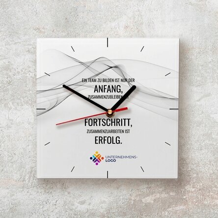 Personalisierte quadratische Uhr mit Logo und Text – Erfolg