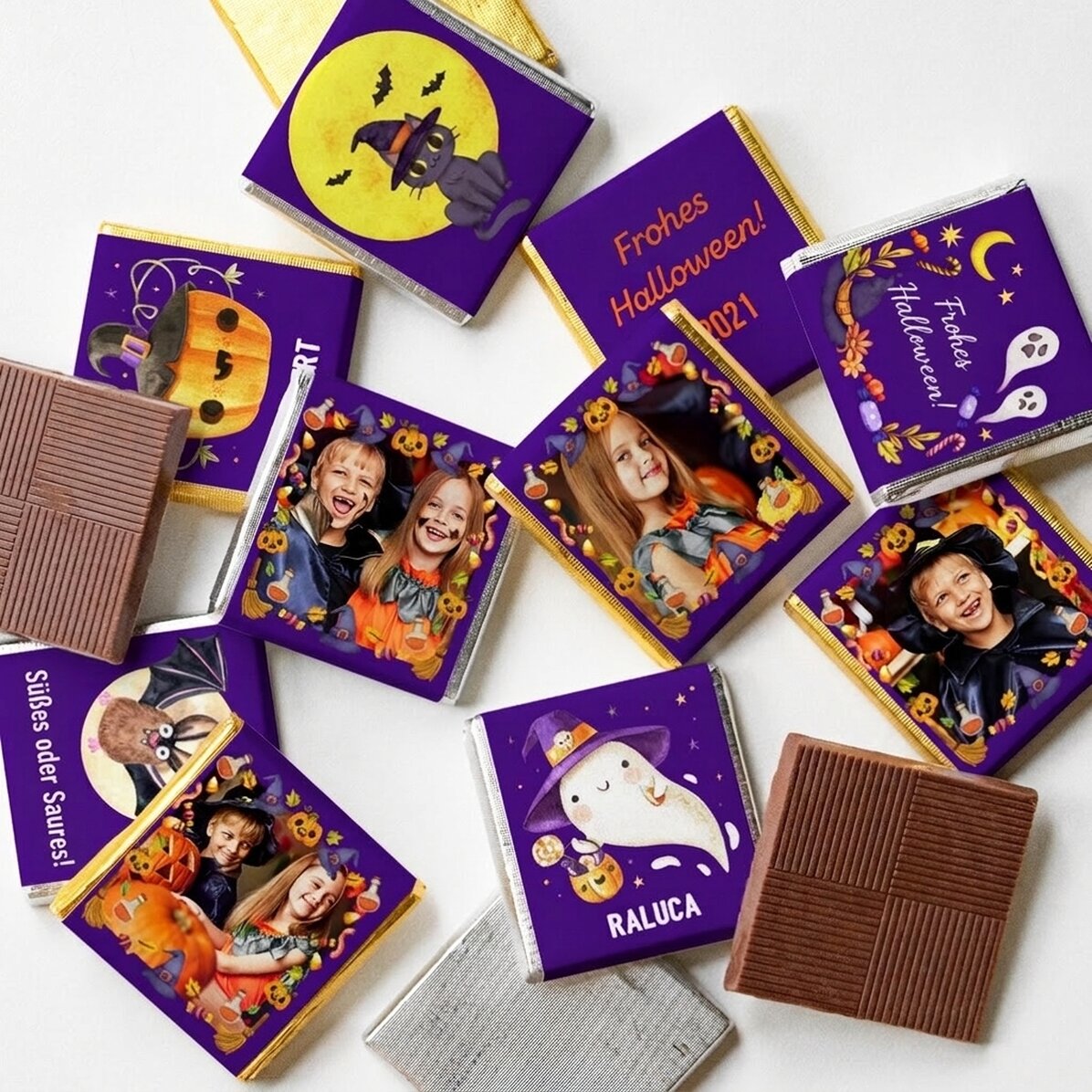 10er-Set personalisierte Mini-Pralinen mit Fotos und Text – Halloween