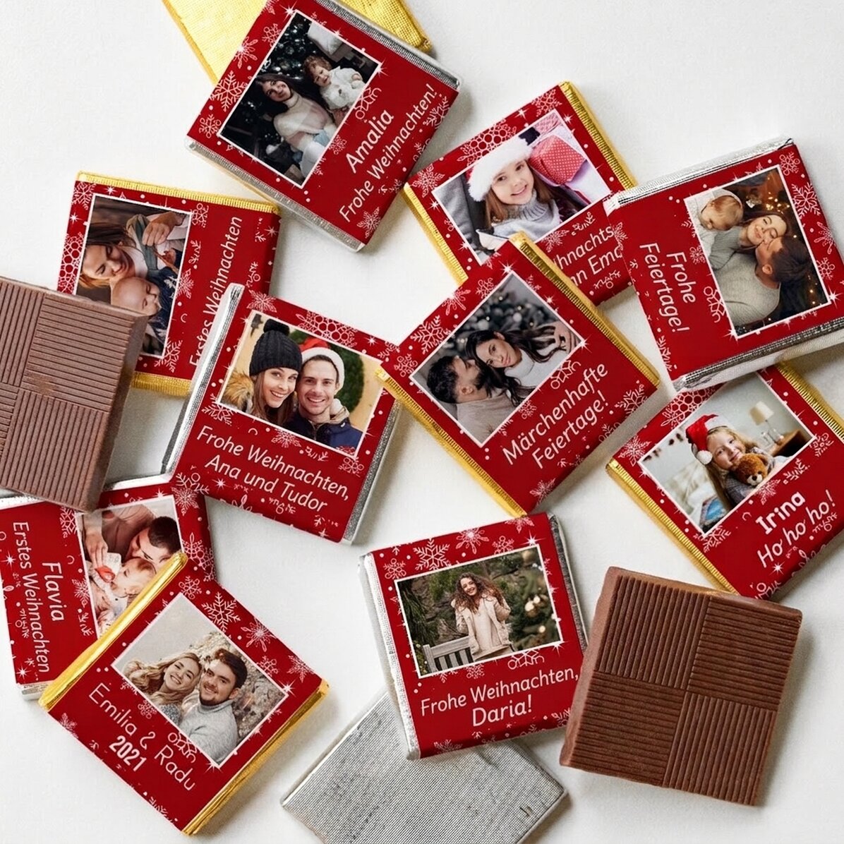 Set mit 10 personalisierten Mini-Pralinen mit Fotos und Text – Schneeflocken