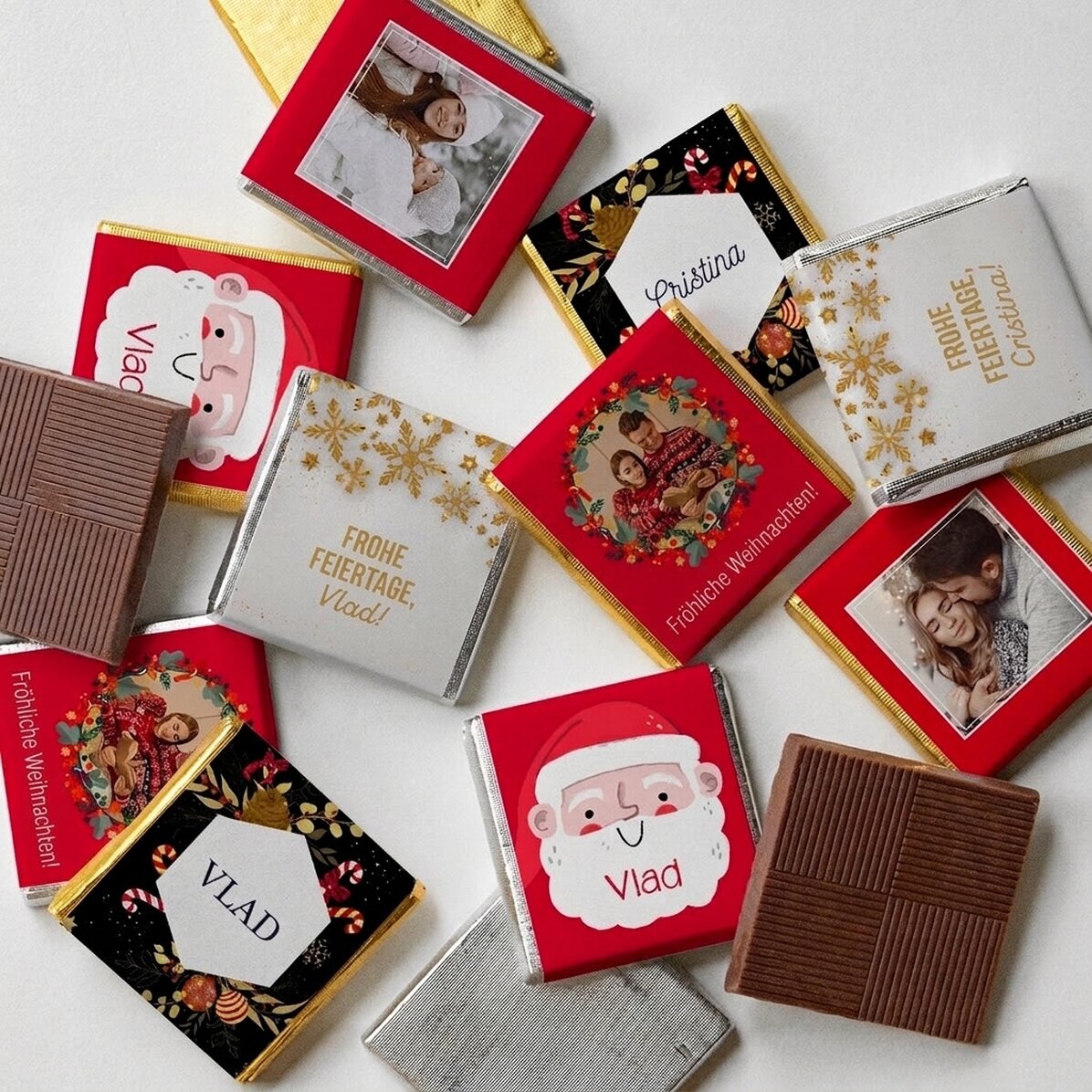 Set mit 10 personalisierten Mini-Pralinen mit Fotos und Text