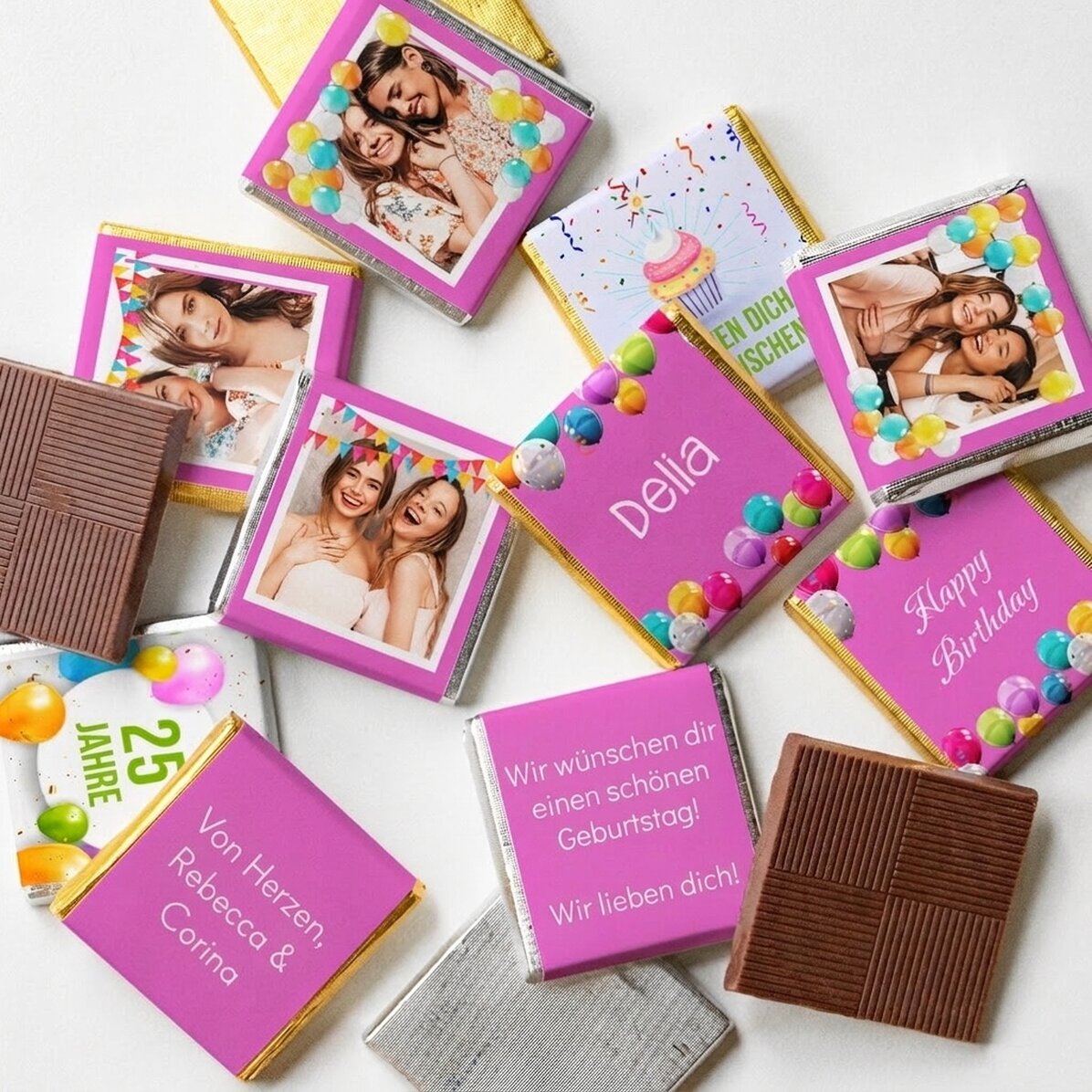 Set mit 10 personalisierten Mini-Pralinen mit Fotos und Text – Happy Birthday