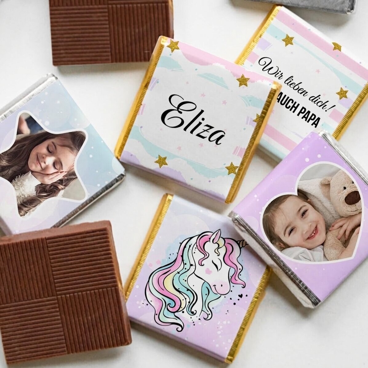 5er-Set personalisierte Mini-Pralinen mit Fotos und Text – Einhorn