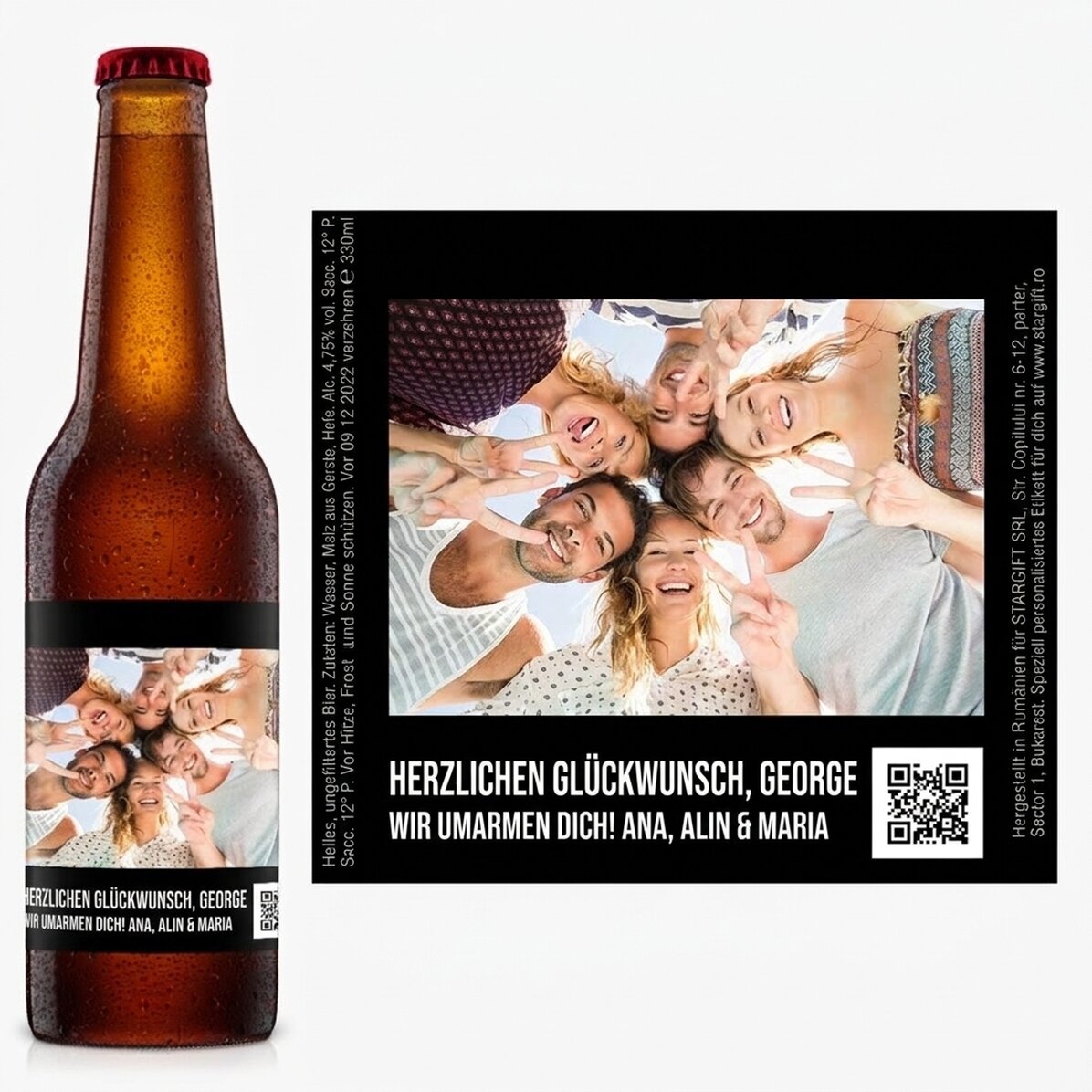 Individuell gestaltetes Bier mit einem Foto und einem QR-Code