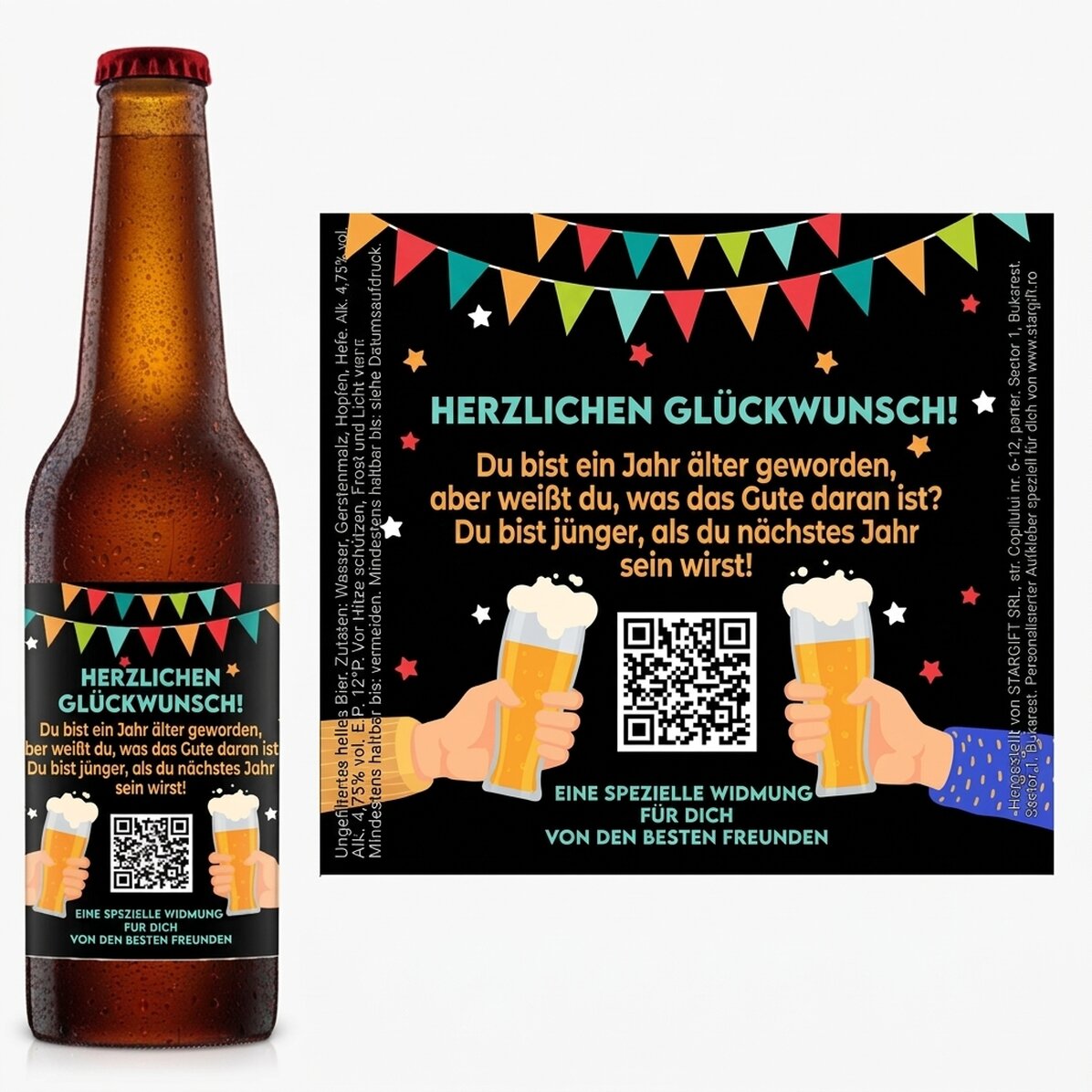 Individuell gestaltetes Bier mit QR-Code und Text – Happy Birthday