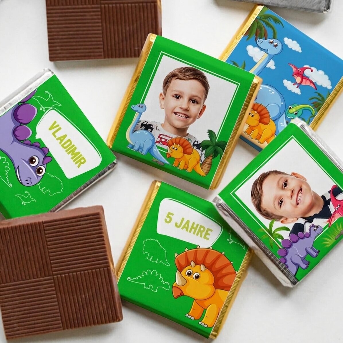 Set mit 5 personalisierten Mini-Pralinen mit Fotos und Text – Dinosaurier