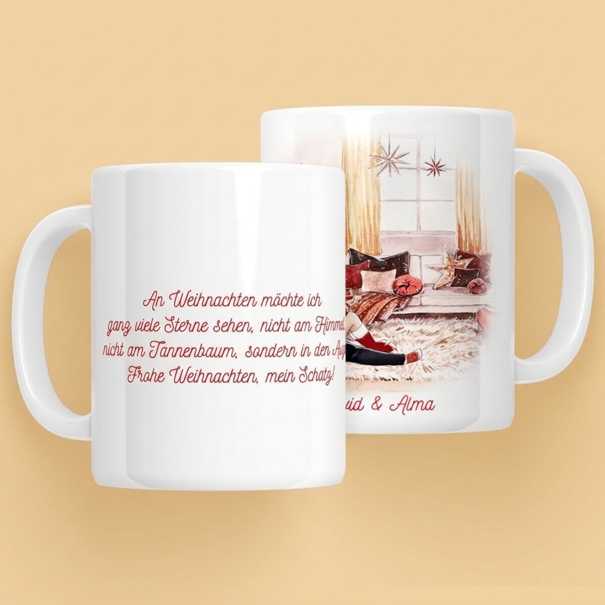 Personalisierte Tasse mit Namen und Botschaft für Paare – Unser wunderschönes Weihnachtsfest