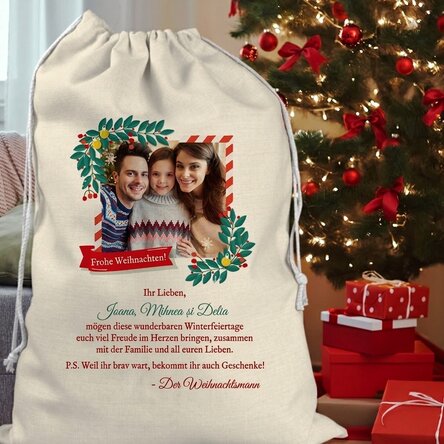 Personalisierte Geschenktüte mit einem Foto und einer Botschaft vom Weihnachtsmann