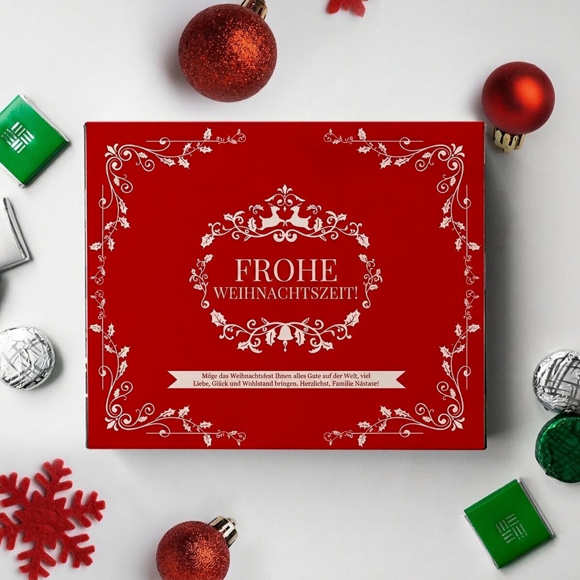 Personalisierte Pralinenschachtel mit Aufdruck – Frohe Weihnachten!