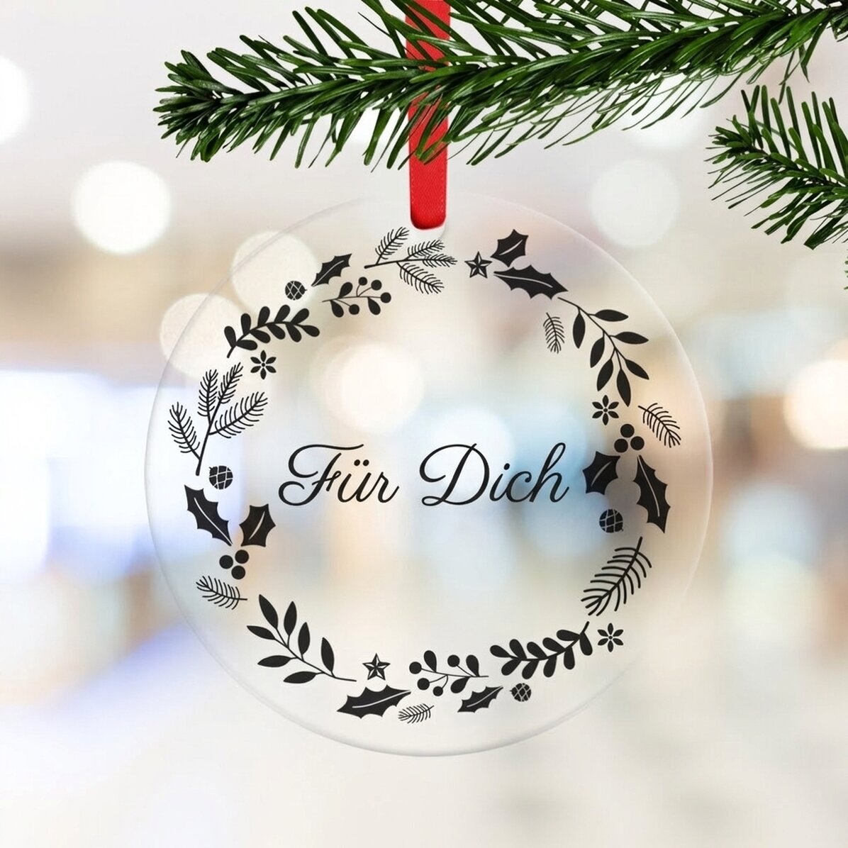 Individuell gestaltete runde Dekoration mit Namen – Frohe Weihnachten