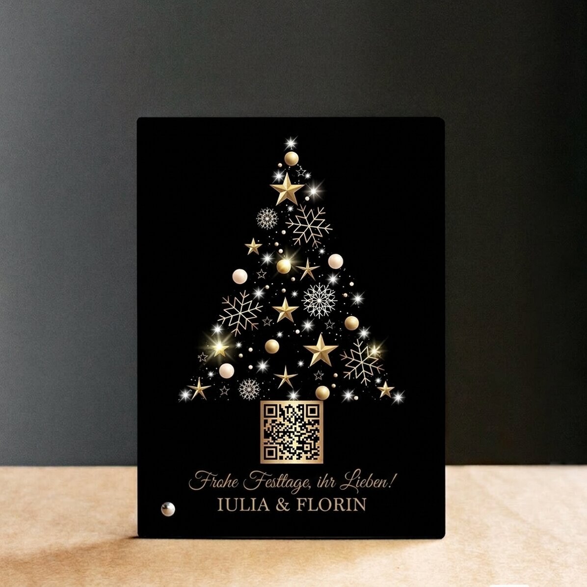 Personalisierter Fotorahmen für den Schreibtisch mit QR-Code und Weihnachtsgruß