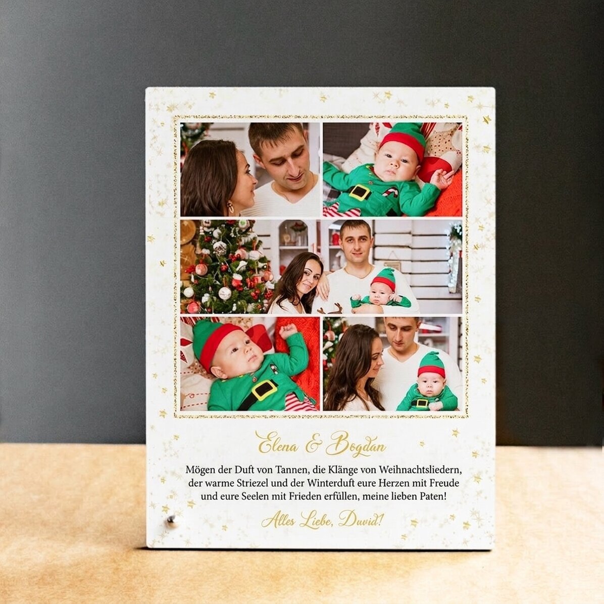 Personalisierter Fotorahmen für den Schreibtisch mit Bildern und Text – Goldene Sternchen