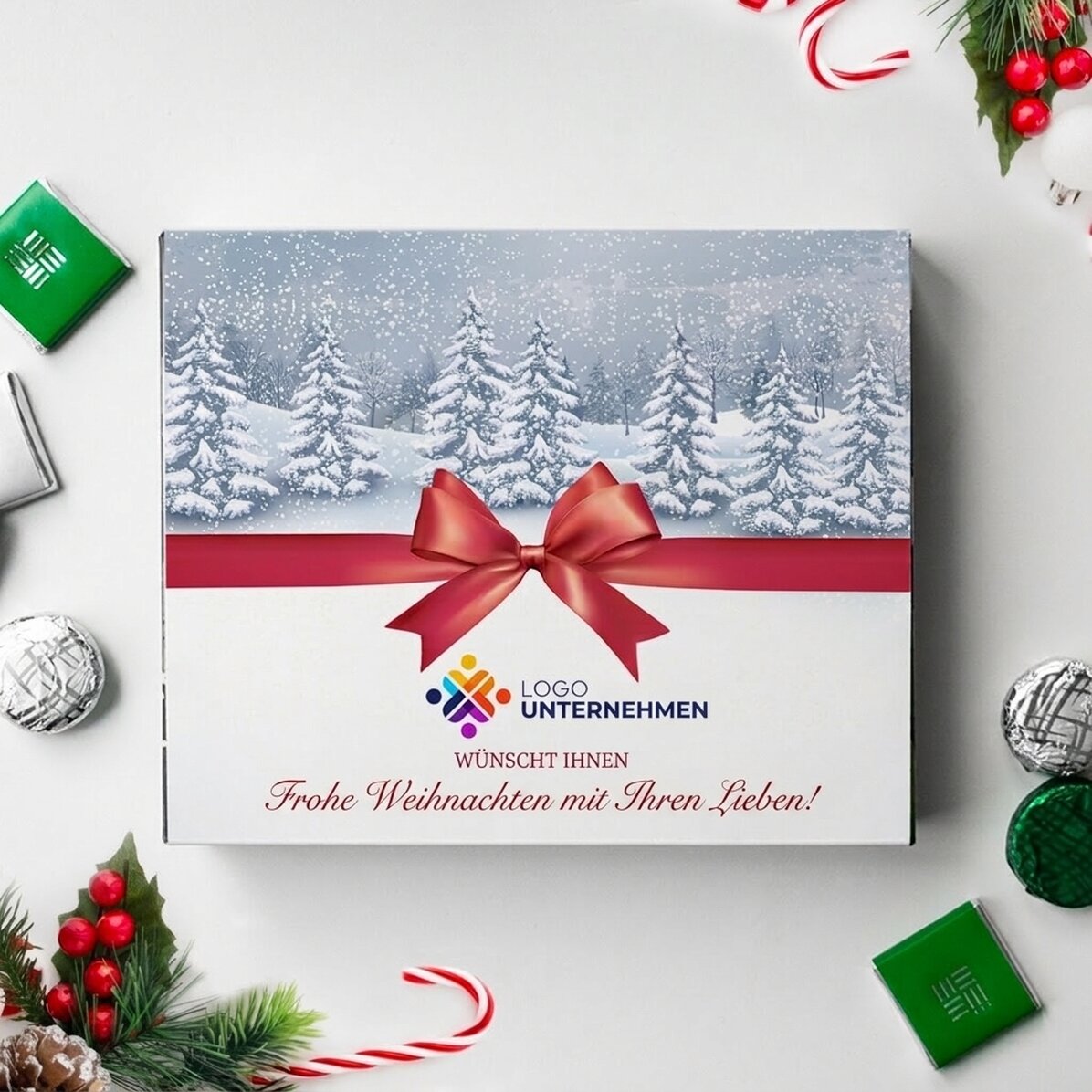 Personalisierte Pralinenschachtel mit Logo und Text – Frohe Weihnachten!