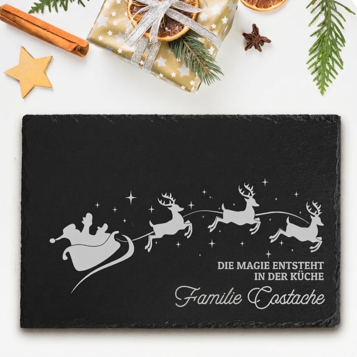 Individuell gravierte Schieferplatte mit Text – Der Zauber von Weihnachten