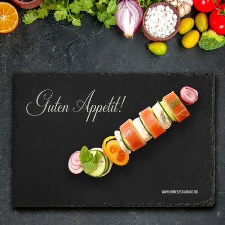 Individuell gravierte Schiefertafel mit Text – Guten Appetit – Restaurant