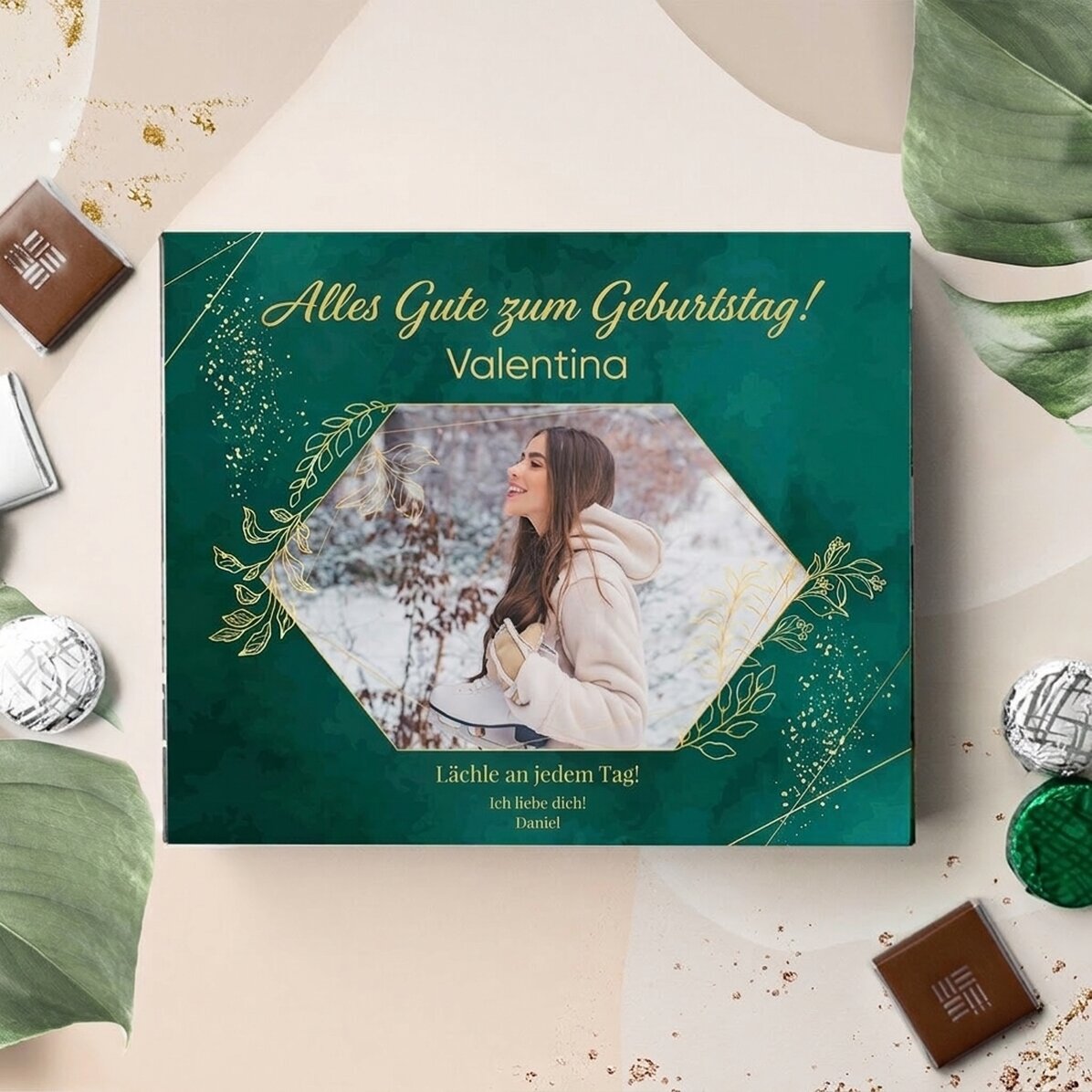 Personalisierte Pralinenschachtel mit Foto und Text – Herzlichen Glückwunsch zum Geburtstag!
