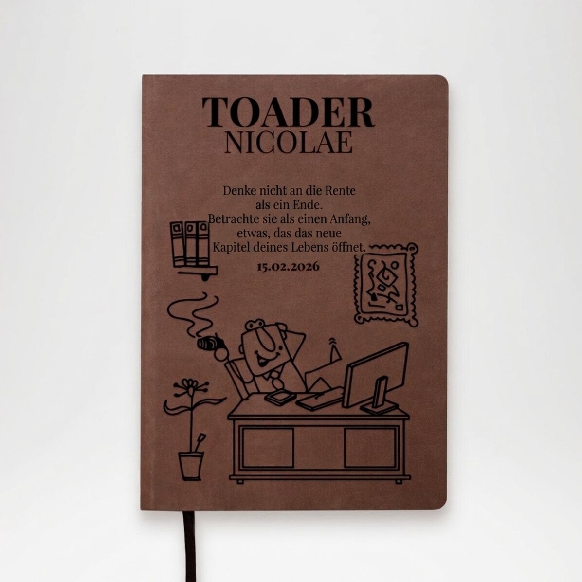 Personalisierter Lederkalender mit einer Botschaft zum Ruhestand