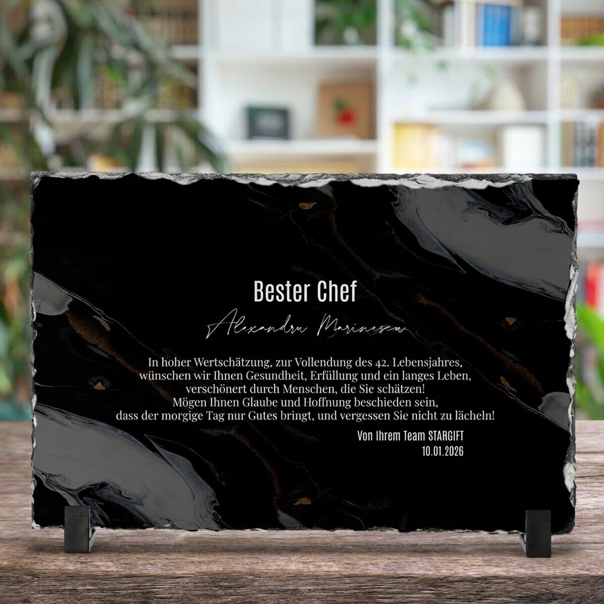 Individuell gestaltete Schiefertafel mit einer Botschaft für den Chef – Herzlichen Glückwunsch zum G