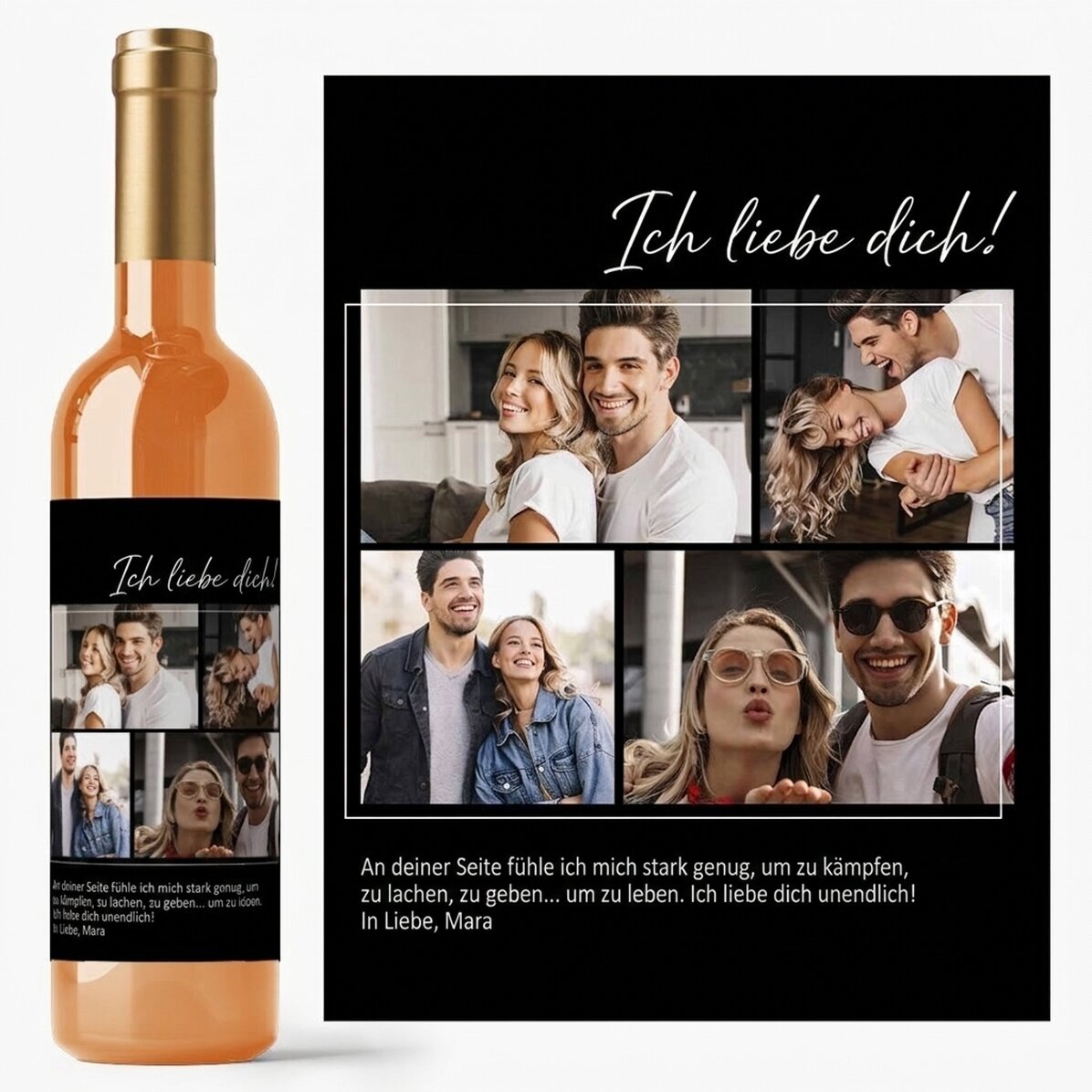 Personalisierter Wein mit 4 Fotos und einem Text für den Liebsten