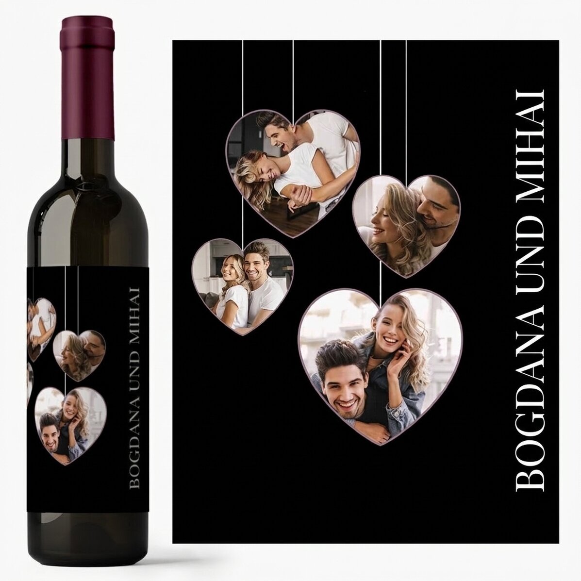 Personalisierter Wein mit 4 Fotos in Herzform für Paare