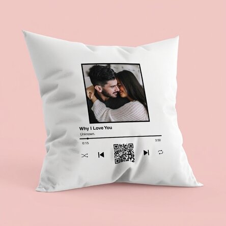 Personalisiertes Kissen mit Foto, Text und QR-Code – Unser Lied
