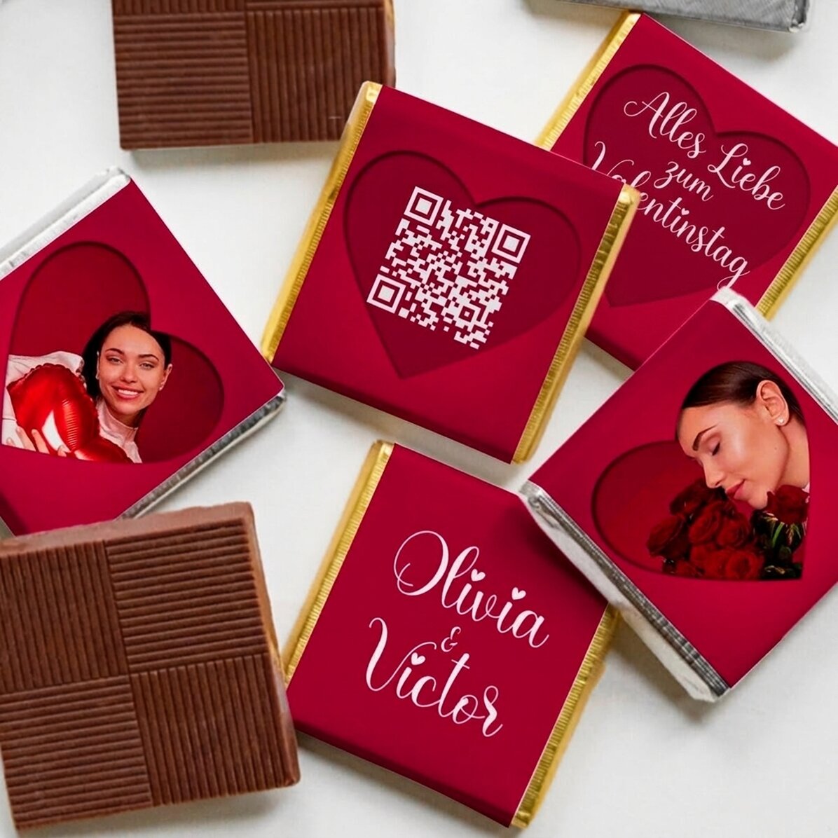 Set mit 5 personalisierten Mini-Schokoladen mit Fotos, QR-Code und Text – Love