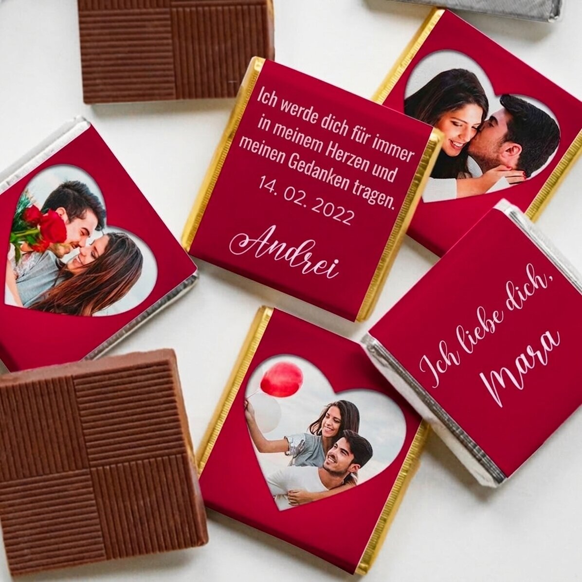 Set mit 5 personalisierten Mini-Pralinen mit Fotos und Text – Love