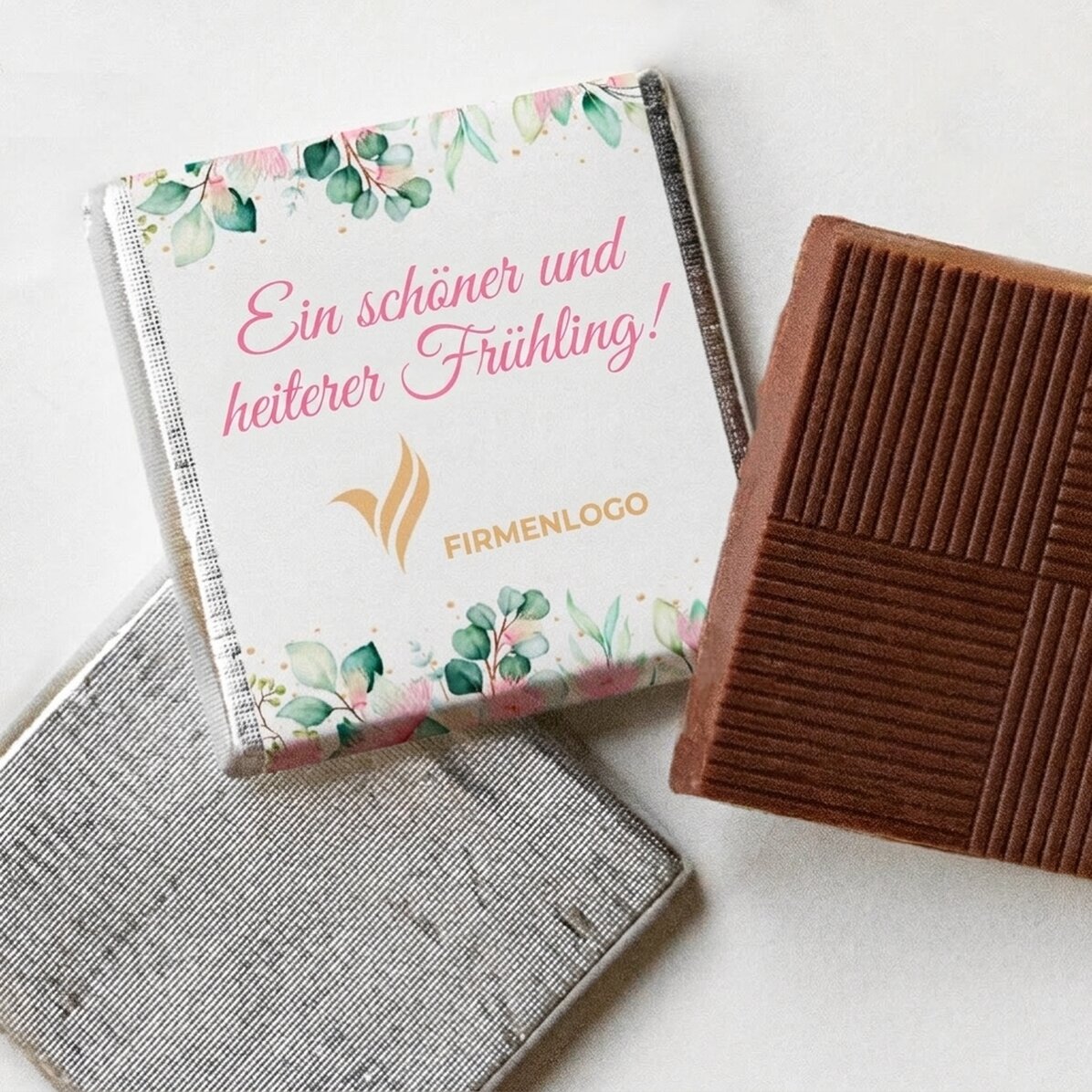 Personalisierte Mini-Schokolade mit Logo und Text – Einen schönen Frühling