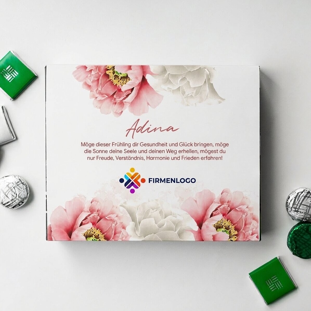 Personalisierte Pralinenschachtel mit Logo und Botschaft – „Schöner Frühling“