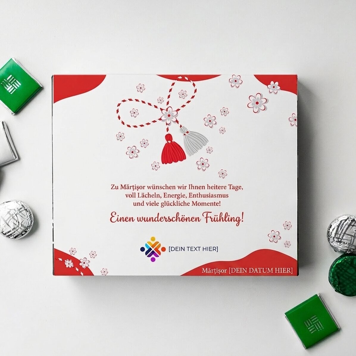 Personalisierte Pralinenschachtel mit Logo und Botschaft