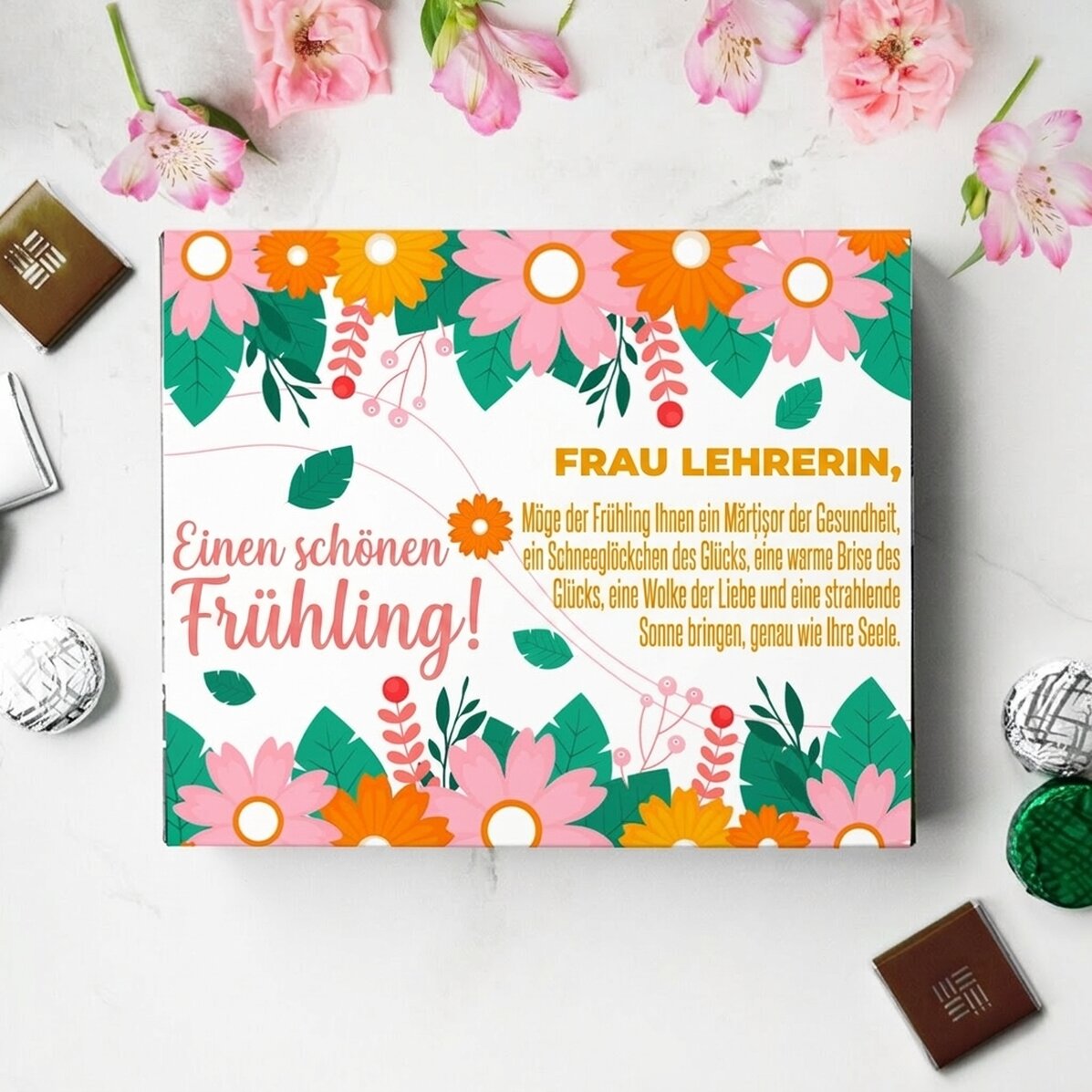 Personalisierte Pralinenschachtel mit Text – Blühender Frühling