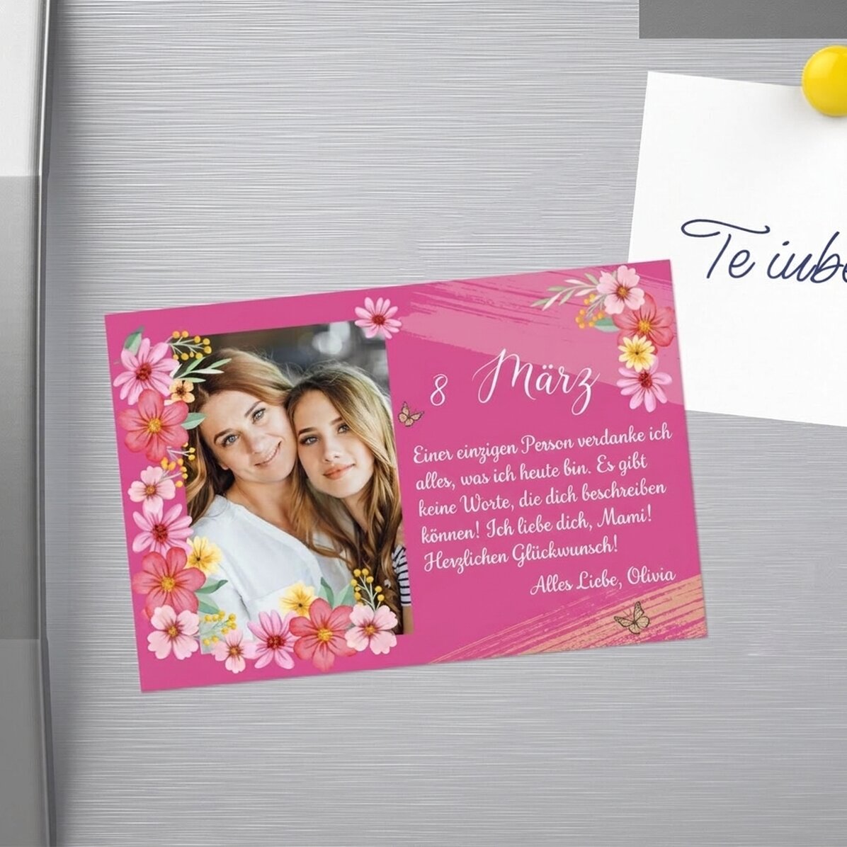 Individuell gestalteter Magnet (15 x 10 cm) mit Foto und Text – 8. März