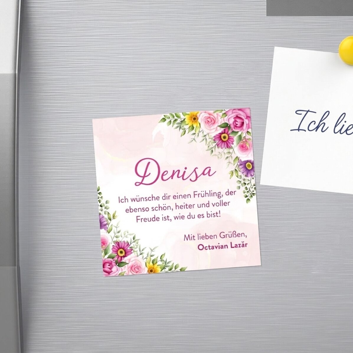 Individuell gestalteter Magnet 10x10 mit Text – Einen schönen Frühling!