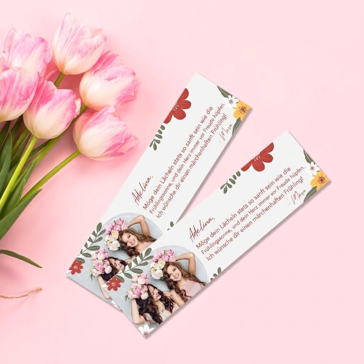 Personalisiertes Lesezeichen mit Foto und Botschaft – Frühling